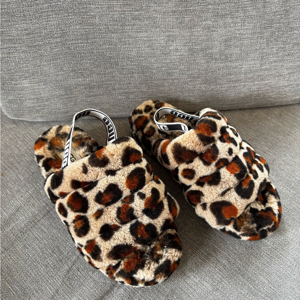 UGG Leopard Fuzz Slide Sandals - Brown/Black/Cream - Picture 3 of 9